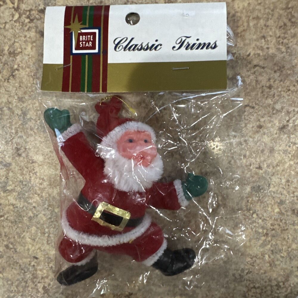 Vintage  Flocked Santa NOS Classic Trims Ornament